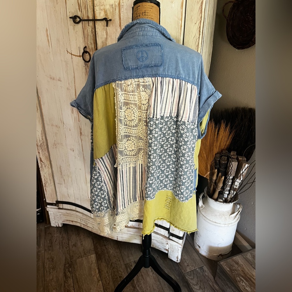 Oversized Blue Velvet Patchwork Button Down Shirt - image 5